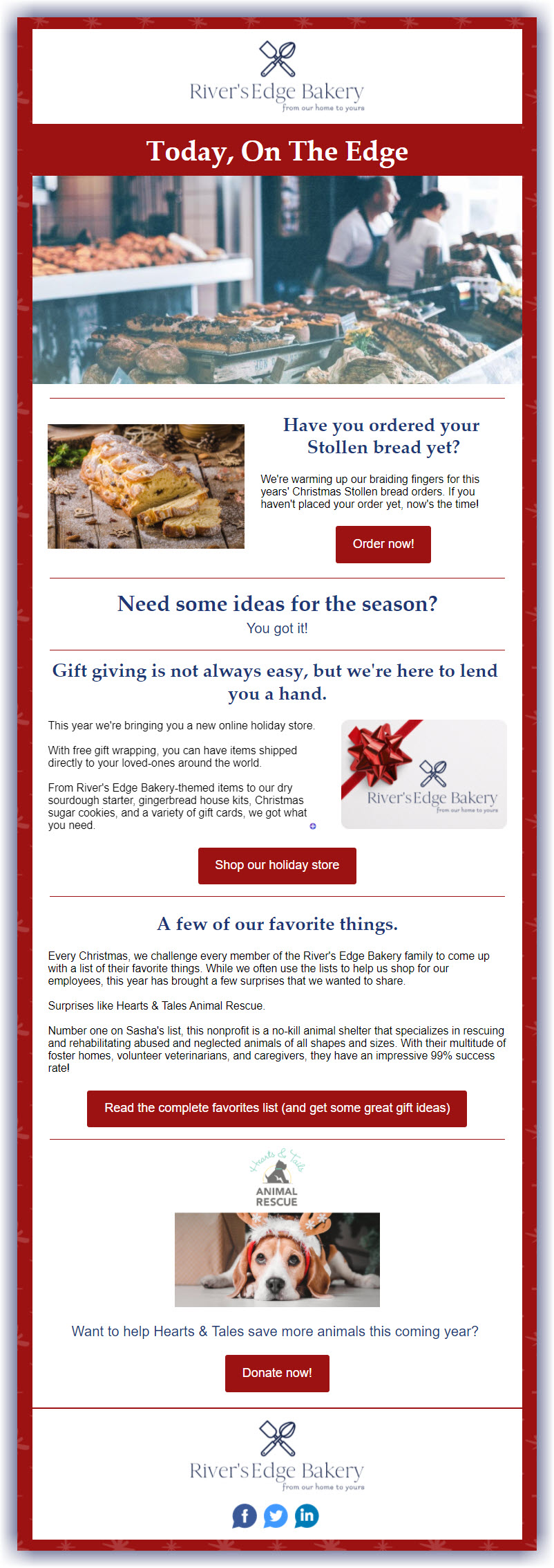 Example of simple, branded Christmas email decorations using a brand complimentary red and holiday imagery