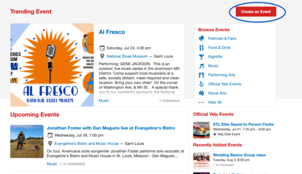 screenshot of creating an event on Yelp
