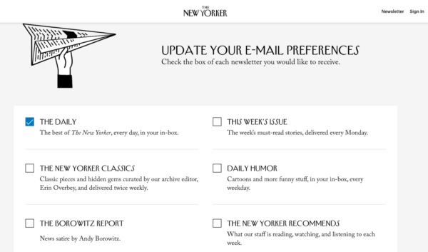 email list options from The New Yorker