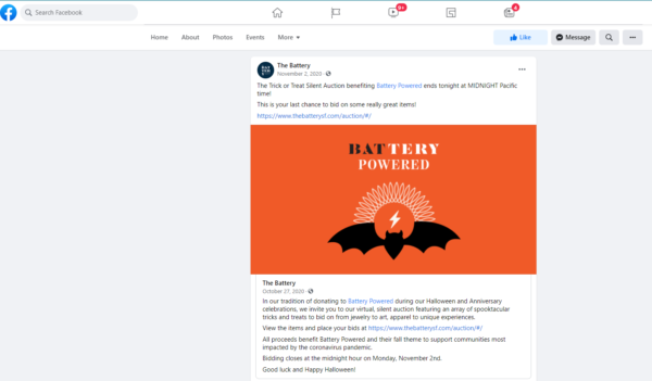 Halloween fundraising idea - The Battery's social post for their Halloween-themed auction