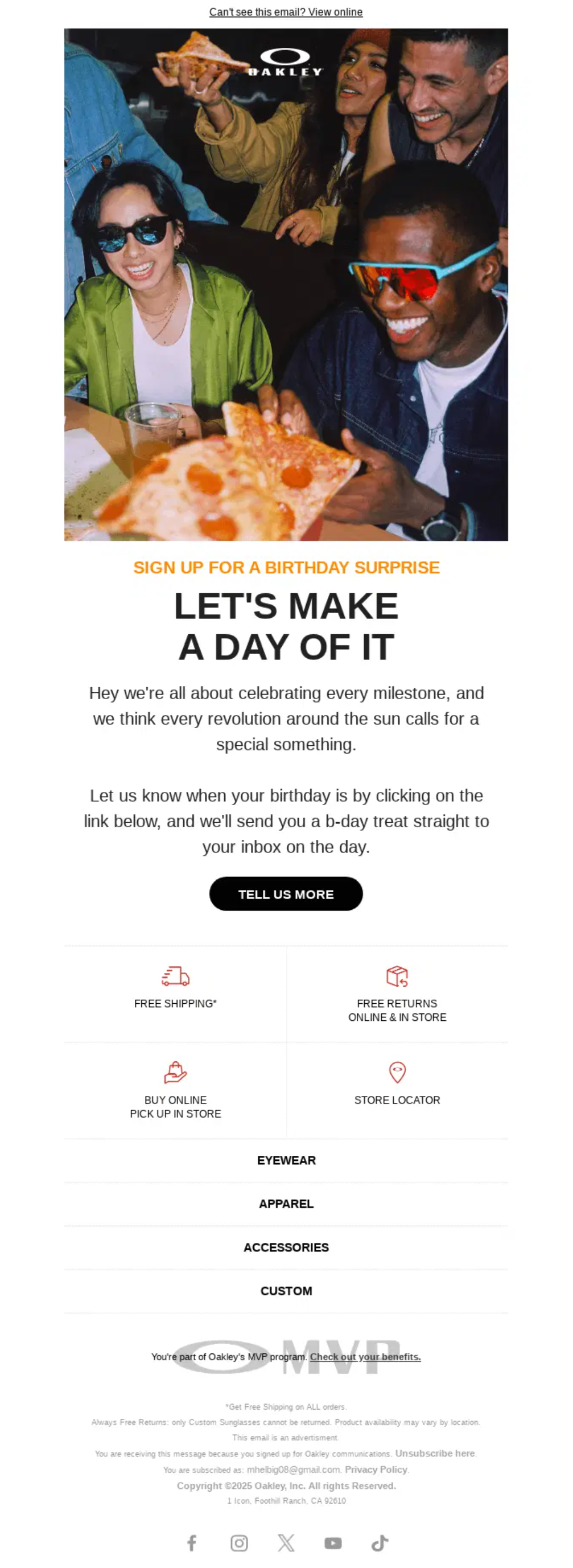 An image of Oakley's re-engagement email inviting subscribers to share their birthday for a surprise offer