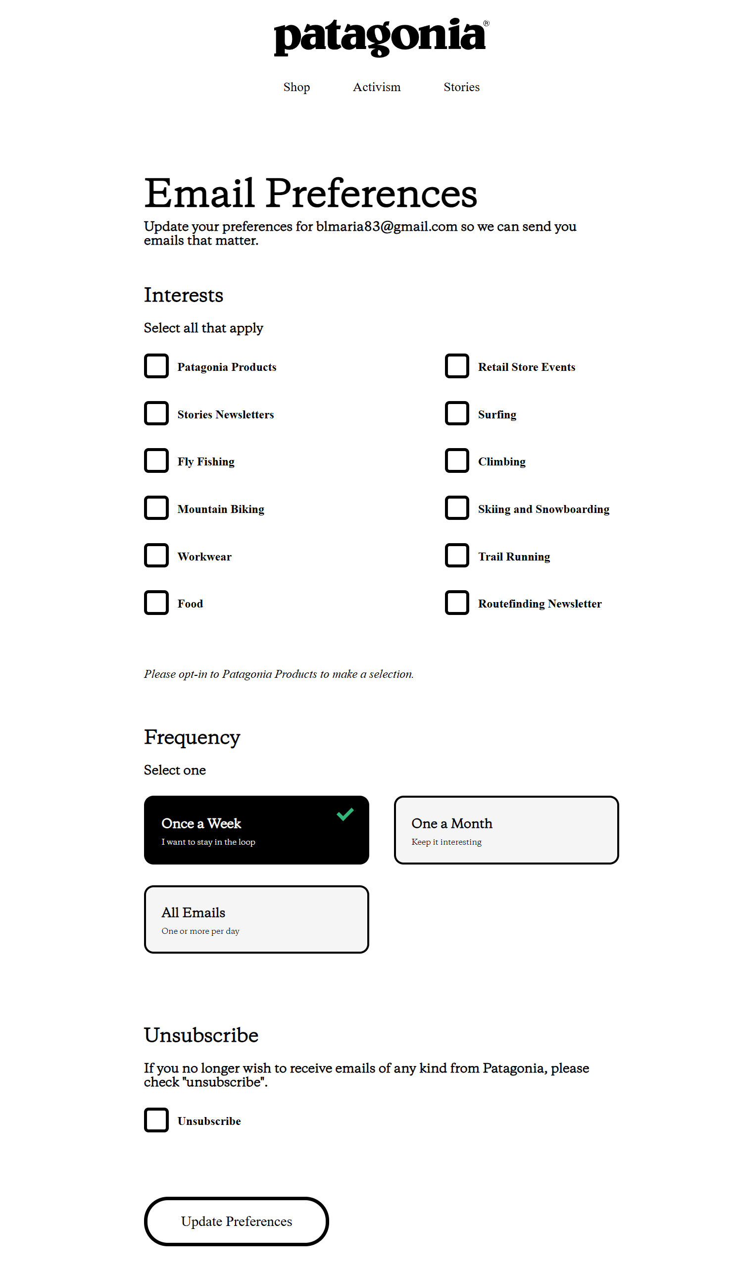 A screenshot of Patagonia's email preferences page with options to select specific interests, adjust email frequency, or unsubscribe.