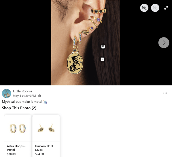 A shoppable Facebook post showcasing Little Rooms' jewelry.