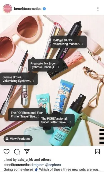A shoppable Instagram post from Benefit Cosmetics with clickable product tags.