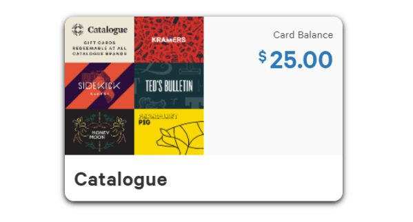 Order a gift card to support small businesses. Shown is a gift card for Kramers, Federalist Pig, Sidekick, Ted's Bulletin, and Honey Moon. All small businesses located in Washington, D.C.