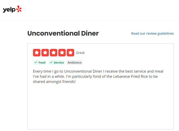 Yelp review page featuring sample review of Unconventional Diner.