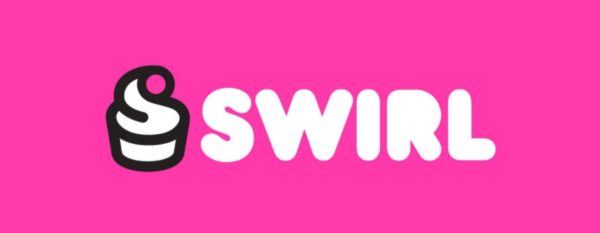 Logo for Swirl features an image of a dish of soft serve to the left of the name, white on hot pink