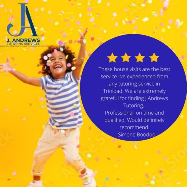 J. Andrews Tutoring Service, positive review posted with an image of a child throwing confetti with bright and cheerful colors