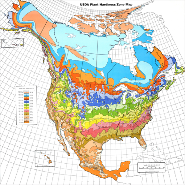 North American map showing growing zones by color coding