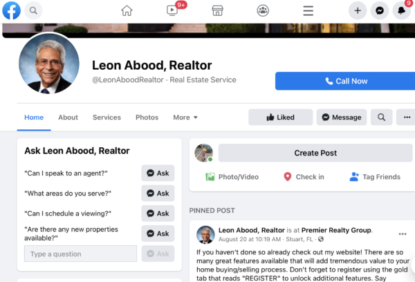 Realtor Facebook page sharing information to bring attention to his brand