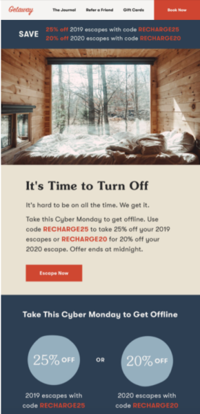 Cyber Monday email example - Getaway cabins