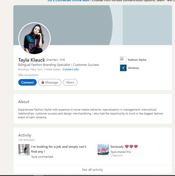 LInkedIn page for Fashion Branding Specialist, Tayla Klauck