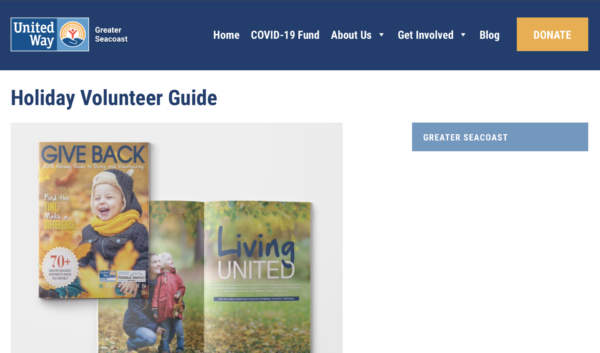 United Way webpage with a downloadable holiday volunteer guide