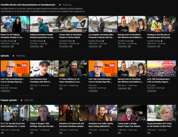 Invisible People's YouTube channel full of videos of homeless people and their stories