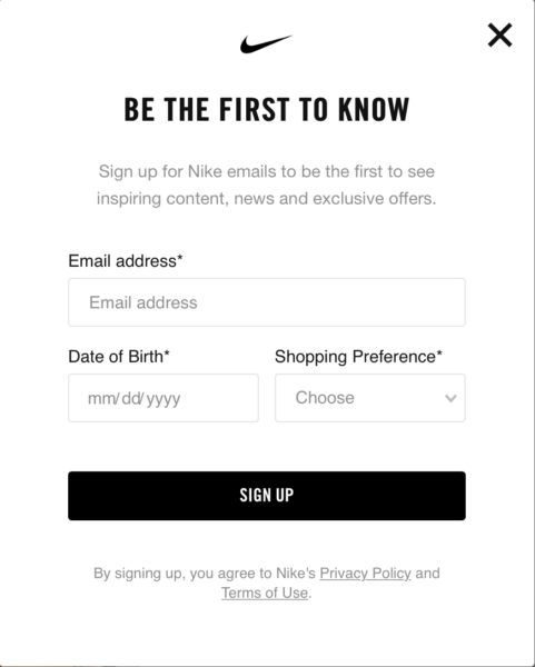 Nike pop-up email sign-up form