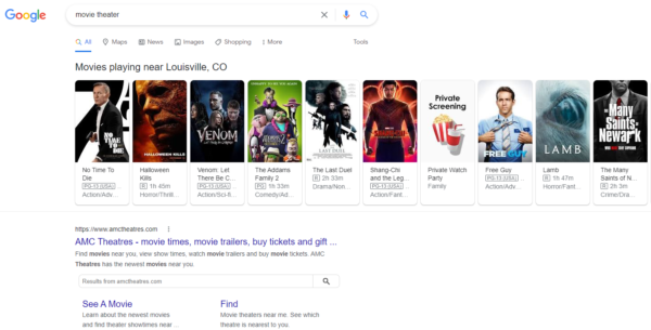 Google search results for "movie theater"