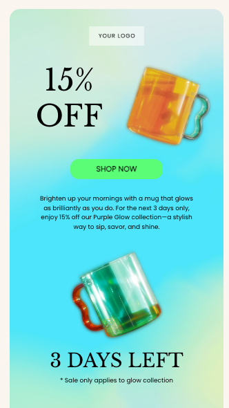 15% off email template example for the holidays