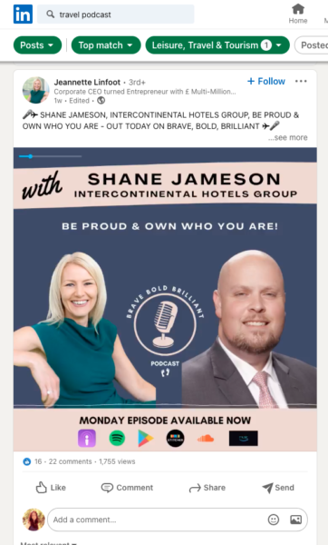 LinkedIn post for Jeannette Linfoot podcast with Shane Jameson