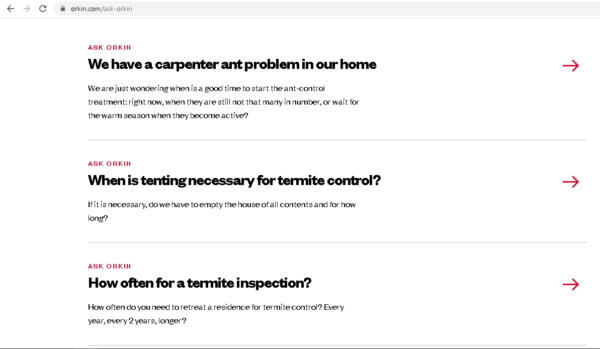 Orkin.com FAQ page that directs prospects further into their sales funnel
