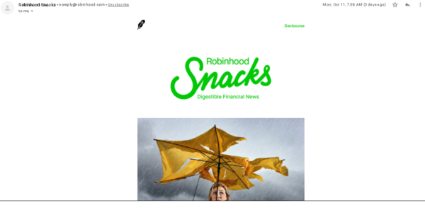 Robinhood "Snacks" email with short snippets of financial news
