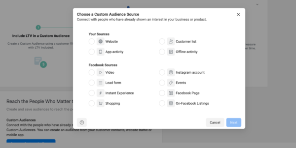 screenshot of Facebook ads manager custom audience source selection