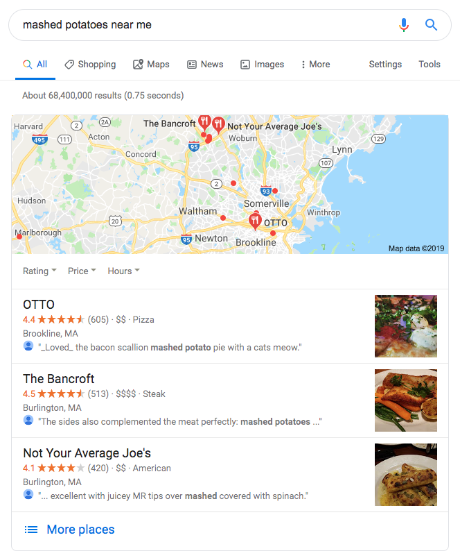 Example Google search results for "mashed potatoes near me"