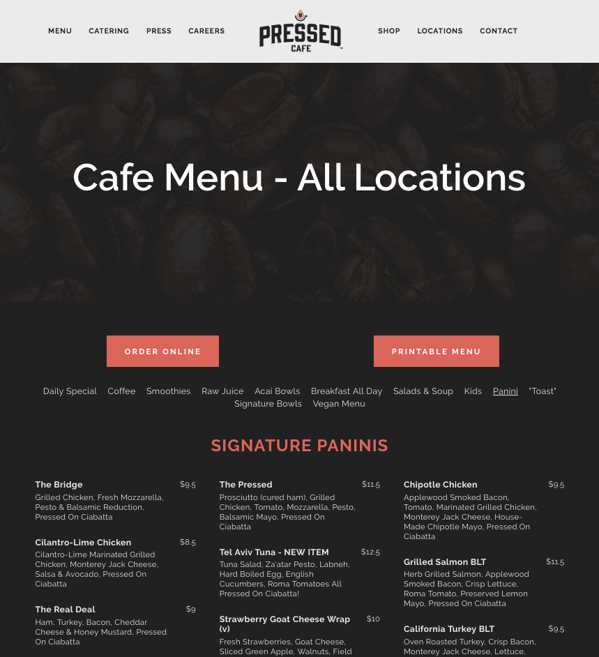 Example restaurant website with an online and printable version of its menu.