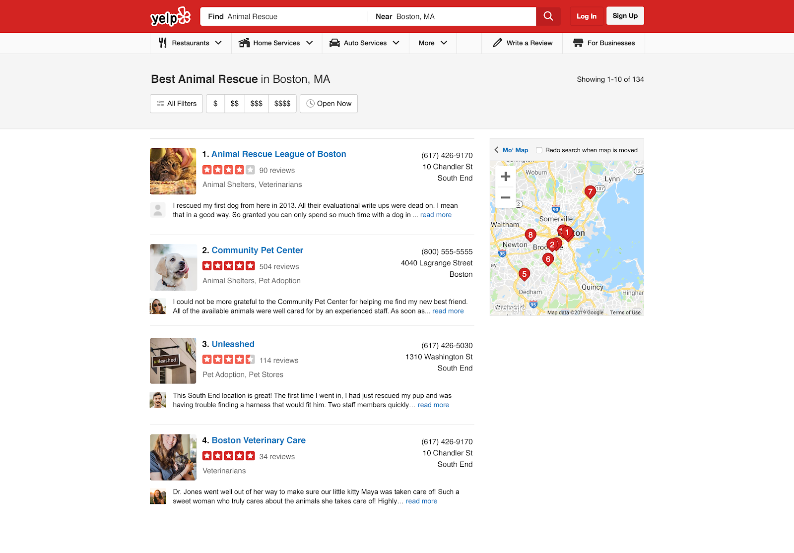 example of Yelp nonprofit listings