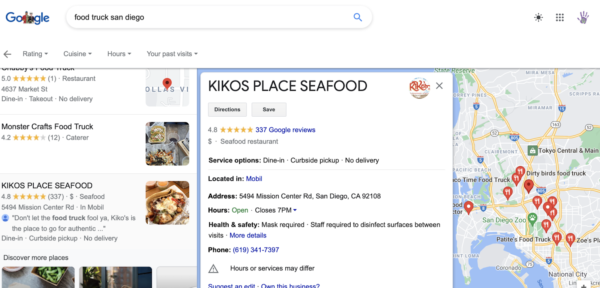 Google search results for food truck san Diego