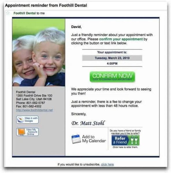 Email  Marketing For Dentists example of an email appointment reminder