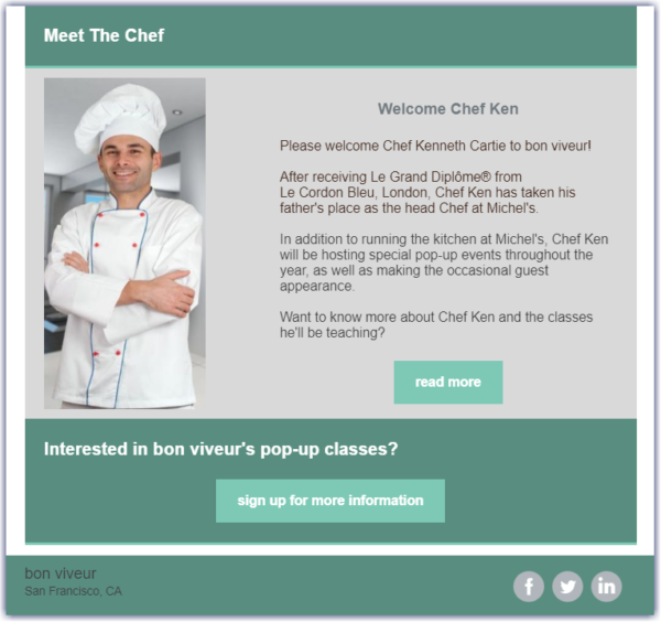 example restaurant newsletter with clear CTA and social links at the bottom
