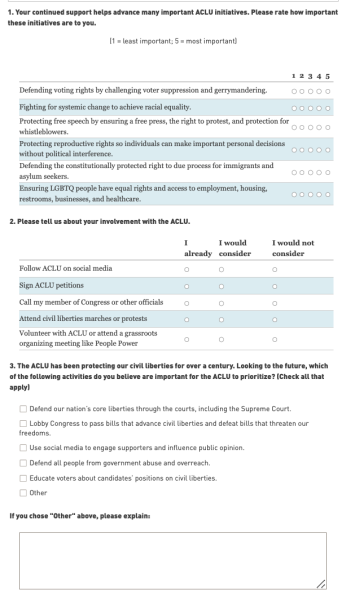 A donor feedback survey from the American Civil Liberties Union.