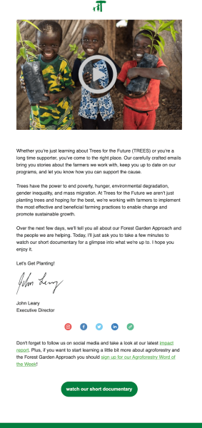 A donor welcome email from Trees for the Future utilizing an education strategy for donor retention.