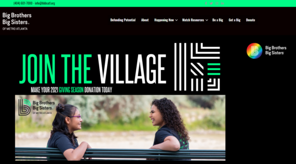 Big Brothers Big Sisters Atlanta website with donate button