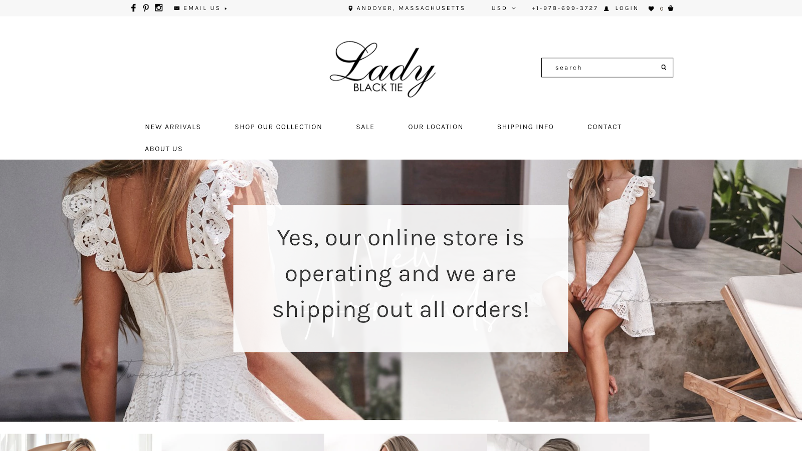 A screenshot of the Lady Black Tie website homepage where a banner that reads "yes, our online store is operating and we are shipping out all orders!" can be seen over the hero image