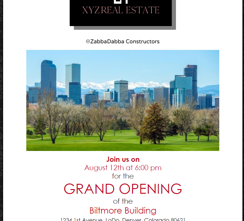 An example of a real estate grand opening invitation.