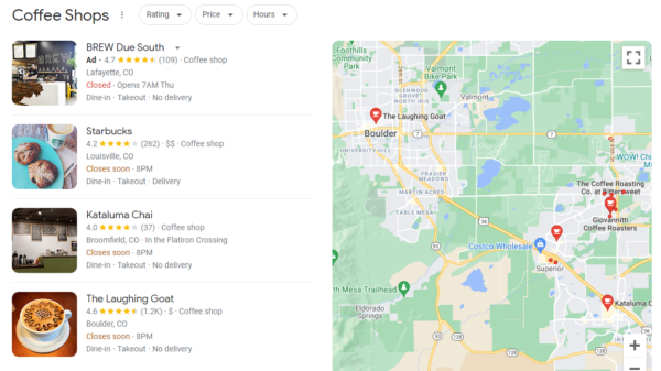 Local coffee shop listings on Google Business