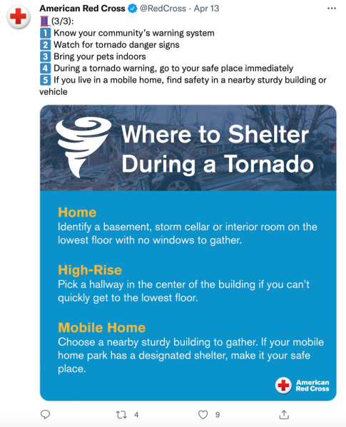 American Red Cross tweet about tornado sheltering practices