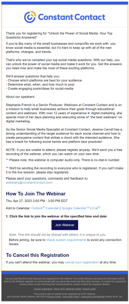 automated webinar registration confirmation from Constant Contact