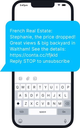 a real estate marketing text message alerting a client to a price drop