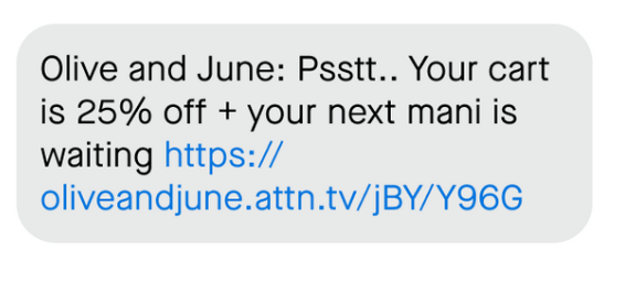 An SMS marketing message from Olive and June giving the recipient an exclusive discount.
