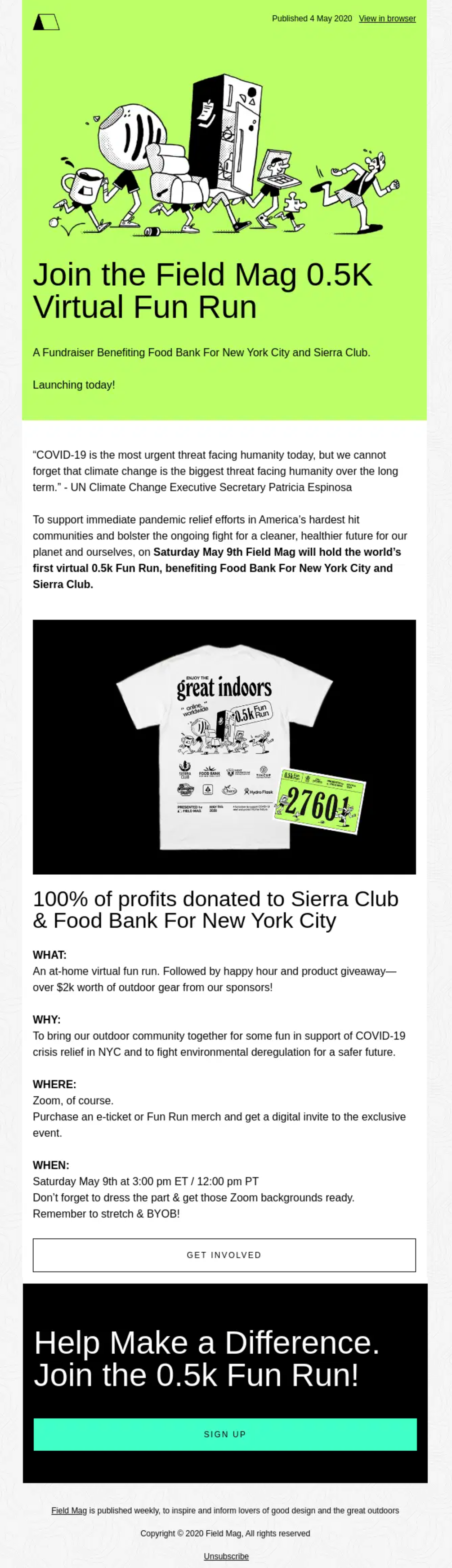 A screenshot of Field Mag's event invitation email for a virtual 0.5K fun run fundraiser with event details and a sign-up CTA
