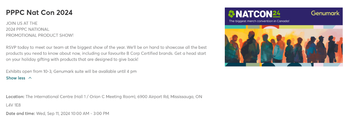 An image of Genumark's landing page announcing their participation in PPPC NATCON Canada 2024 and inviting visitors to RSVP