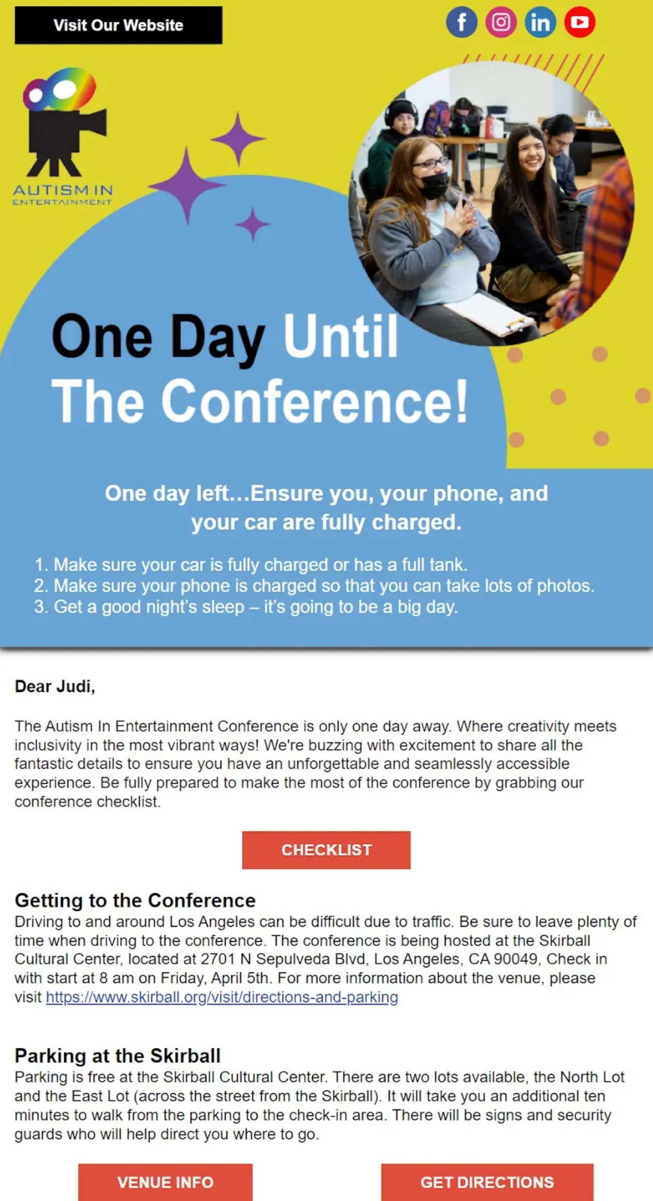An image of OCASG's reminder email for the Autism in Entertainment Conference with last-minute preparation tips, venue details, and directions