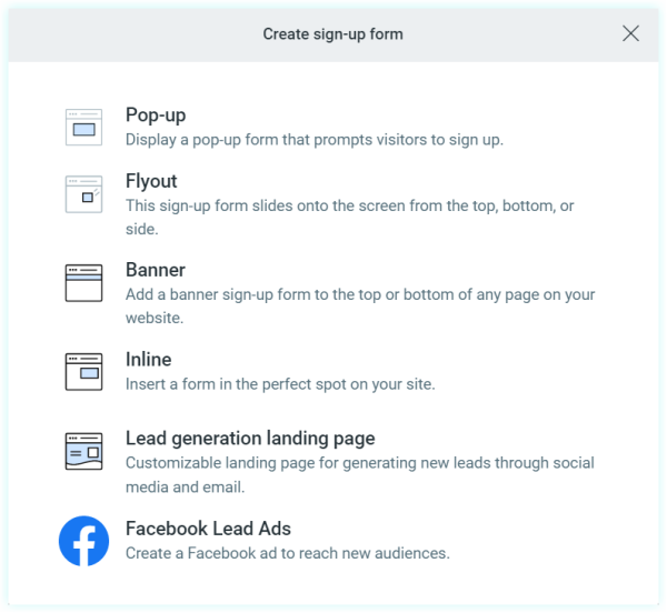 Constant Contact sign-up form menu