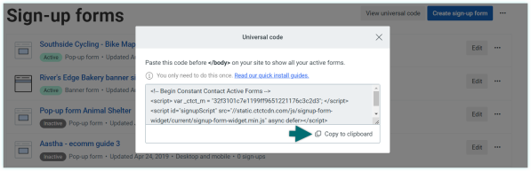 where to copy your sign-up form Universal Code