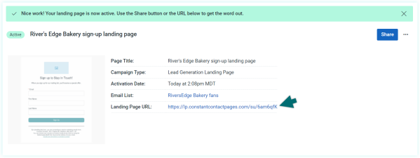an active lead generation page with it's URL code