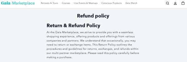 Gaia Marketplace's refund policy, which leverages transparency to build strong customer relationships.