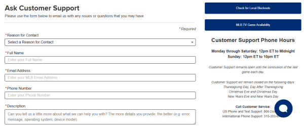Major League Baseball's contact page includes multiple forms of communication to improve customer accessibility.