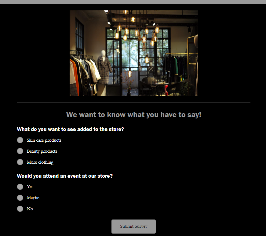 A crisp example of a client satisfaction survey for a retail store